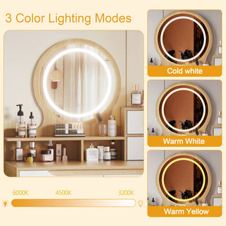 Elegant Makeup Vanity Desk with Adjustable Lighted Mirror, Solid Wood Table Feet, American White Oak, MDF, Compact Size