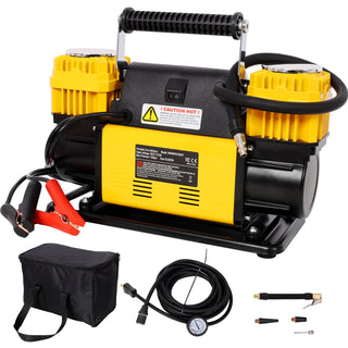Heavy Duty 12V Dual Cylinder Air Compressor, Tire Inflator with Gauge, Yellow+Black Metal, 14.3x6.0x8.6 inches