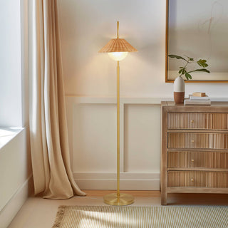 Rattan Weave Shade Floor Lamp | Gold Base & Natural Woven Accent Light