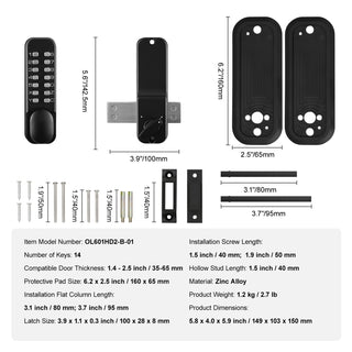 Mechanical Keyless Entry Door Lock | 14-Digit Keypad Outdoor Gate Lock with Surface-Mounted Latch, Waterproof Zinc Alloy | Easy Install Keypad & Knob for Garden, Garage & Yard