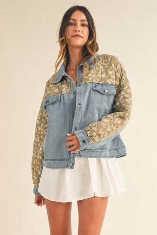 MABLE Quilted Paisley Print Contrast Denim Jacket