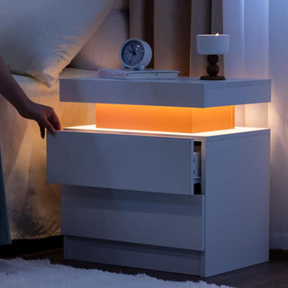 Nightstand LED Bedside Table Cabinet Lights Modern End Side with 2 Drawers for Bedroom, White Red