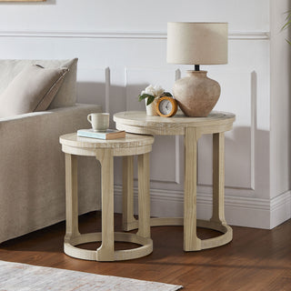 24" Oak Finish 2-Piece Curved Round Coffee Table Set - Mid-Century Rustic Nesting Tables