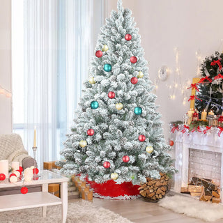 6FT Flocked Christmas Tree with Pine Cones – Snowy PVC Artificial Holiday Tree, 888 Tips, 36 Natural Pinecones, Sturdy Metal Stand, Full Shape for Seasonal Decoration