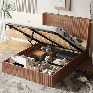 Rustic Brown Queen Grooved Undulating Lift Storage Bed Frame - Wooden Platform with Hydraulic Lift