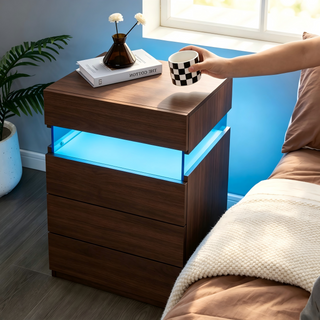 Walnut LED nightstand with 4 drawers, view 2