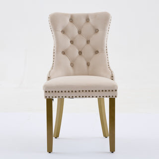 Mid-Century Modern Dining Chairs Set of 2 – High-End Tufted Velvet Upholstered Chairs with Lion Head Pull Ring, Golden Wooden Legs &amp; Nailhead Trim, Contemporary Luxury Side Chairs - Beige SW1201BG