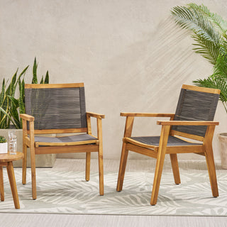 Outdoor Dining Chair Set of 2, Dark Grey Rope, Acacia Wood Frame