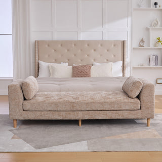 Modern Upholstered End of Bed Bench with Armrests and Chenille Fabric, Wheat Color, 83.1' Wide