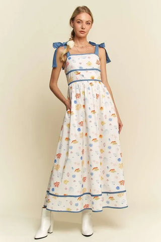 Davi & Dani Denim Binding Detail Smocking Summer Maxi Dress