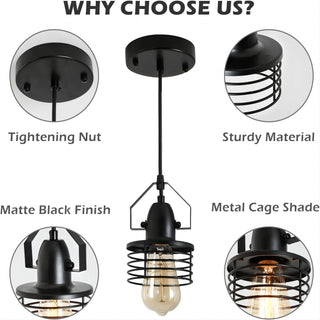  Industrial Black Metal Cage Pendant Light - 1-Light Farmhouse