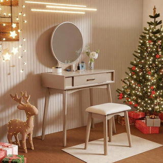 Maly Contemporary Wood Vanity and Stool Set, Gold