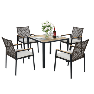 All-Weather 5-Piece Patio Dining Set | Acacia Wood Table Top with Umbrella Hole & Rattan Chairs | Outdoor Dining Furniture Set for Garden, Deck & Backyard – Coffee Brown