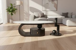 Modern 2-Piece Nesting Coffee Table Set - Oval and Round Tables with Storage Drawers