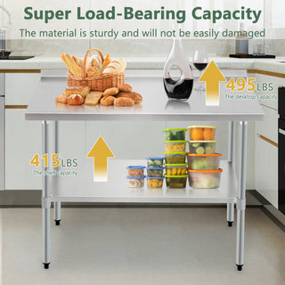 Profeeshaw 30x48 Inch Stainless Steel Work Table with Backsplash | Heavy-Duty Commercial Prep Table with Adjustable Undershelf