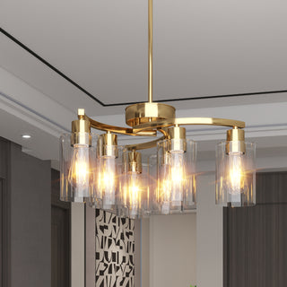 6-Light Gold Chandelier with Clear Glass Shades – Modern Pendant Lighting for Dining Room, Kitchen Island, Living Room, Entryway, Stairwell, Bedroom