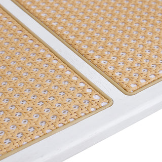 Modern Minimalist White Double-Layered Solid Wood Coffee Table with Glass Top and Imitation Rattan Edge, Rectangular Table for Living Room, Dining Room, and Bedroom