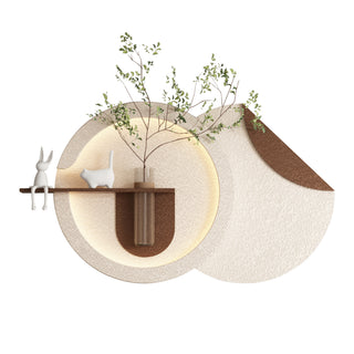 Adjustable 3-Color LED Sandstone Double-Disc Wall Art with Simulated Greenery, Glass Vase & Rabbit Statue in Light Coffee, PVC Construction, 23.62 x 41.34 x 4.72 inches