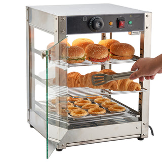 3-Tier Commercial Food Warmer Display, 800W Food Display Warmer with LED Light, Adjustable Shelf and Stainless Steel Frame, 86℉~185℉ Air Heating, 34L for Hamburger, Pizza, Bread, Fried Chicken