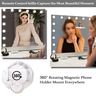 31.5" x 22.8" Hollywood Vanity Mirror with 18 LED Bulbs - Selfie Remote Control Makeup Mirror - 0.6" Ultrathin Large Tabletop &amp; Wall Mount Mirror with Magnetic Phone Holder - Dimmable Professional Beauty Station