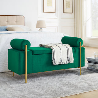 Elegant Upholstered Velvet Storage Bench with Cylindrical Arms and Iron Legs, Green