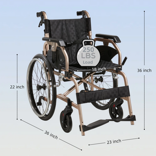 Lightweight Foldable Transport Wheelchair for Adults – Gold, Square Tube Frame, Double Brakes, Adjustable Handrail, 250 lbs Capacity, Easy Storage