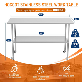 Stainless Steel Work Table 24x60 Inches with Wheels | Commercial Prep Table with Adjustable Undershelf