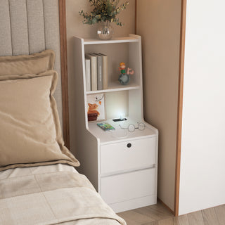 Modern White Smart Nightstand with Charging Station and Voice-Controlled Night Light