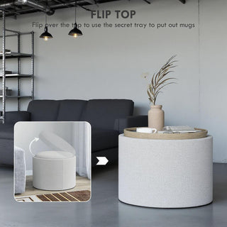 Round Storage Ottoman with Flip Top Tray Linen Fabric Upholstered Footstool