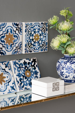 S/4 Abstract Blue, White, and Gold Wall Decor Accents, 9.5x9.5'