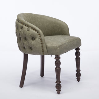 Hand-pulled buckle decoration PU Dining Chair,Accent Leisure Chair, Mid-Century Modern Arm Chair with Solid Wood Armrests and Legs, 1-Seat Cushioned Sofa for Living Room Bedroom,Olive Green color