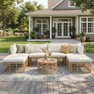 GO 7 Pieces Outdoor Patio Furniture, All-Weather Rattan Sectional Sofa Set with Thick Cushions and Pillows, Freely Combined Conversation Sets for Garden, Backyard, Balcony, Beige