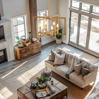 22" Modern Gold Geometric 6-Light Chandelier – Industrial Metal Pendant Light for Dining Room, Kitchen Island, Living Room (Bulbs Not Included)