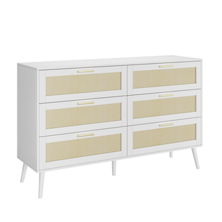 White Rattan 6 Drawer Dresser Chest – Modern Wide Storage Cabinet with Gold Handles for Bedroom, Living Room, Hallway