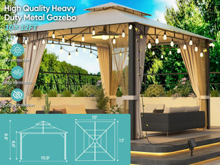 10x12 Softtop Metal Grill Gazebo with Mosquito Netting & Sunshade Curtains – Heavy-Duty Double Roof Canopy Tent for Patio, Garden, or Backyard | Galvanized Steel Frame