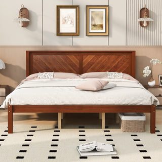 King Size Solid Wood Platform Bed with Herringbone Headboard, Walnut