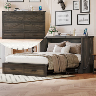 Rustic Gray Queen Murphy Cabinet Bed - Farmhouse Guest Bed with Charging Station