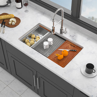 Undermount White Kitchen Sink Workstation - 33 inch White Porcelain Ceramic Single Bowl Dual Mount Kitchen Sink