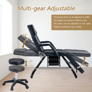 3-Section Adjustable Facial Bed | Massage Table & Tattoo Chair w/ Hydraulic Stool & Trays (Black)