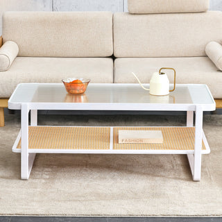 Modern Minimalist White Double-Layered Solid Wood Coffee Table with Glass Top and Imitation Rattan Edge, Rectangular Table for Living Room, Dining Room, and Bedroom