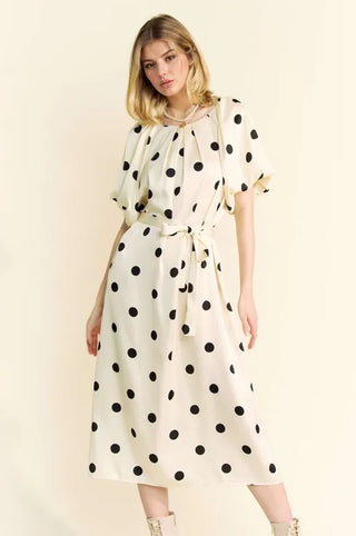 Davi & Dani Polka Dot Puff Sleeves Waist Tie Midi Dress