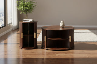 Walnut Mid-Century Nesting Coffee Table Set with Sliding Tambour Door - 2-Piece Fluted Storage Tables