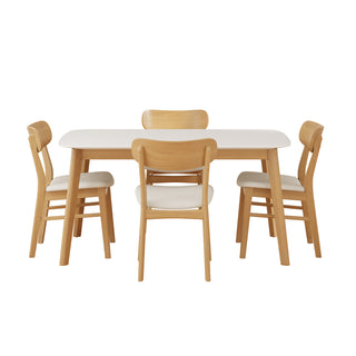 Mid-Century Modern 5-Piece Dining Set – Solid Wood Table with Upholstered Chairs, White Oak and Light Beige