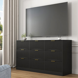 Black 63" 9-Drawer Dresser with Wavy Panels - Modern Large Storage Chest