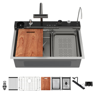 30" Waterfall Workstation Kitchen Sink | 16-Gauge Stainless Steel with Smart LED Faucet