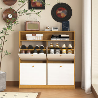 Natural Particle Board Shoe Storage Cabinet with 4 Flip Drawers and Wooden Handle for Entryway