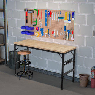 Adjustable Height Workbench, 60" Rubber Wood Top Heavy duty Workstation with Power Outlets, 2000 LBS Load Capacity Hardwood Worktable for Workshop, Garage, Office, Home, Commercial