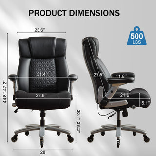 500lbs Big and Tall Office Chair – Heavy Duty Executive Ergonomic Leather Chair with Adjustable Lumbar Support, Flip-Up Armrests & Quiet Wheels