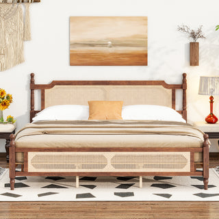 King Pine Platform Bed with Rattan Headboard | Modern Wooden Bed Frame in Walnut