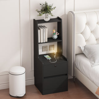 Modern Black Smart Nightstand with Charging Station and Voice-Controlled Night Light